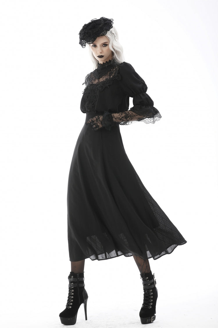 Black Stand Collar Cut-Out Half Sleeves Lace Spliced Women's Gothic Maxi Dress - Product - 2