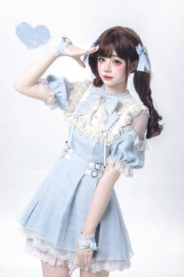 Blue/Aqua Short Sleeves Plaid Printed Ruffled Lace Sweet Jirai Kei Japanese Lolita Dress - Blue/Aqua - 1