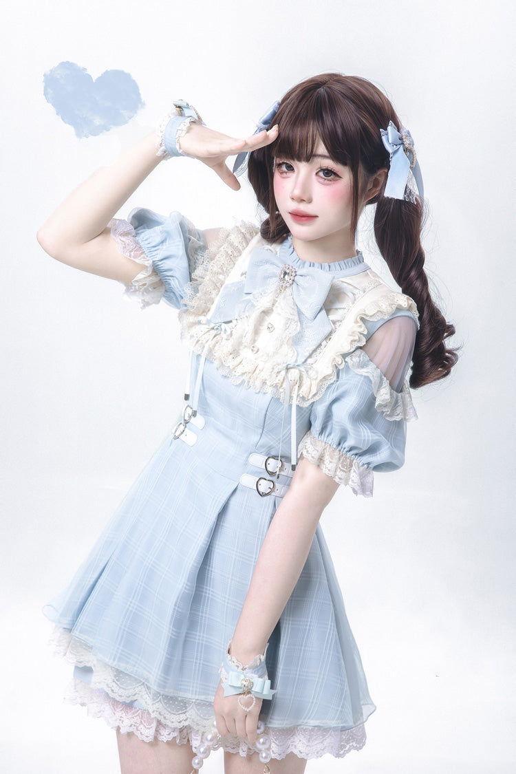 Blue/Aqua Short Sleeves Plaid Printed Ruffled Lace Sweet Jirai Kei Japanese Lolita Dress - Blue/Aqua - 1