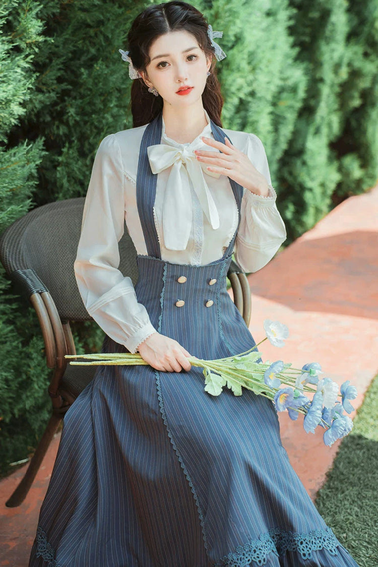 Blue Bustier Halterneck Long Sleeves Striped Printed Bow Lace Sweet Lolita Two-Piece Skirt Set - Product - 4