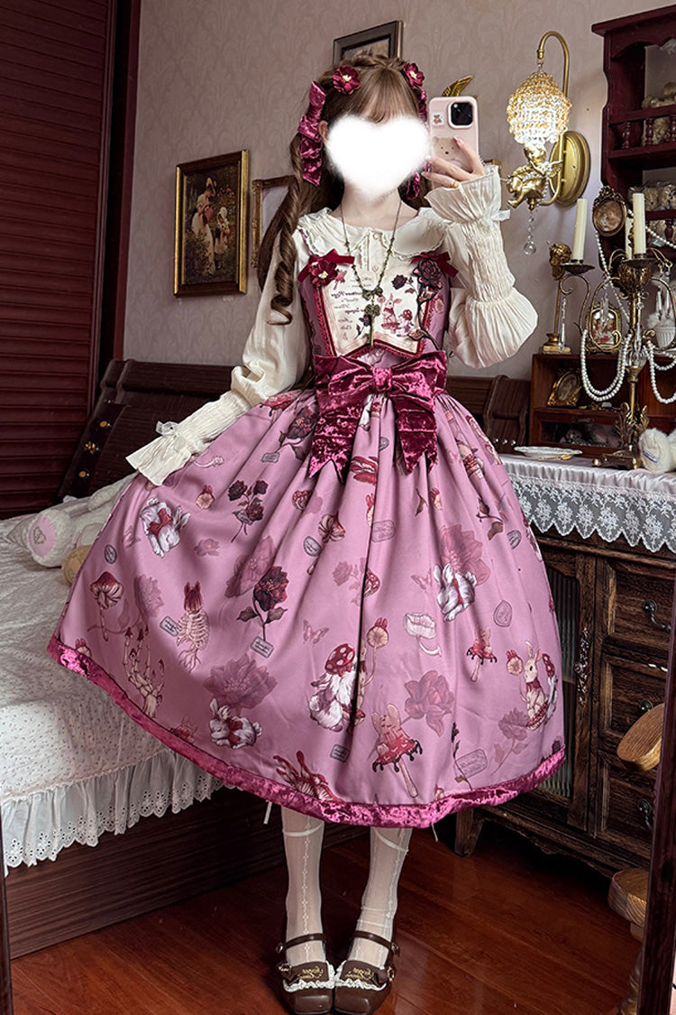 Red Sleeveless Rabbit Sunflower Print Ruffle Embroidery Bowknot Sweet Long Version (Set) detail view 2