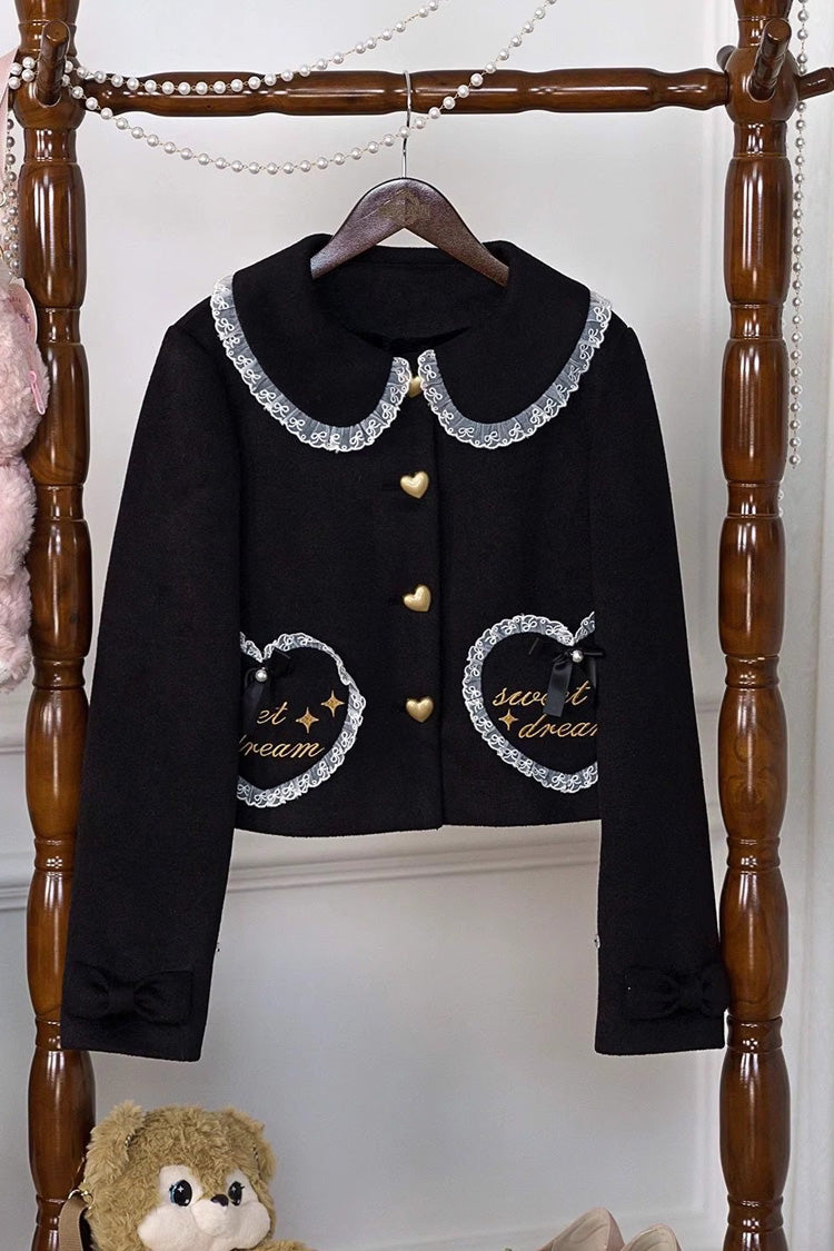 [Creamy Dream Whisper] Doll Collar Long Sleeves Bow Lace Short Sweet Lolita Coat 3 Colors - Black - 5