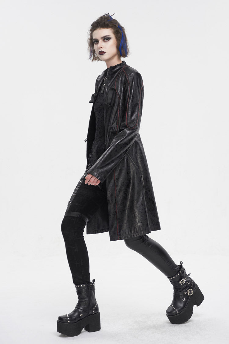 Black Double Buckle Faux Leather Long Women's Punk Coat - Product - 4