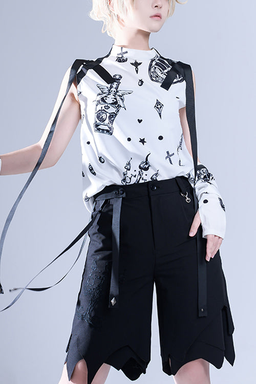 White Round Collar Spooky Shadow Printing With Hand Sleeves Ouji Lolita Sleeveless - White - 1