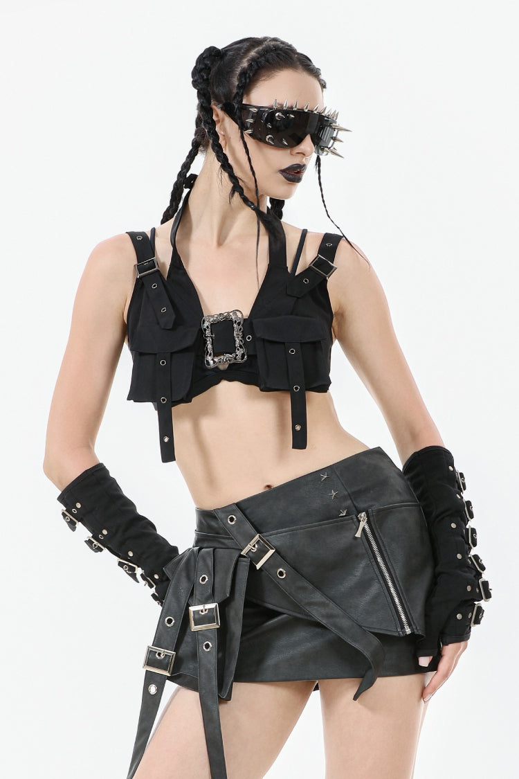 Black Halterneck Buckled Women's Punk Utility Vest - Black - 1
