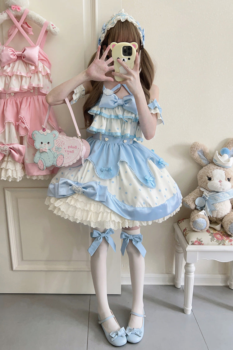 Blue Cream Multi-Layered Polka Dots Print Ruffle Bowknot Sweet Lolita Jsk Dress - Product - 7