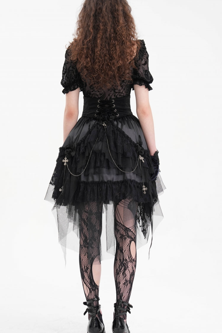 Black Cross Chain Ruffle Lace Irregular Hem Women's Gothic Skirt - Product - 9