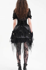 Black Cross Chain Ruffle Lace Irregular Hem Women's Gothic Skirt - Product - 9