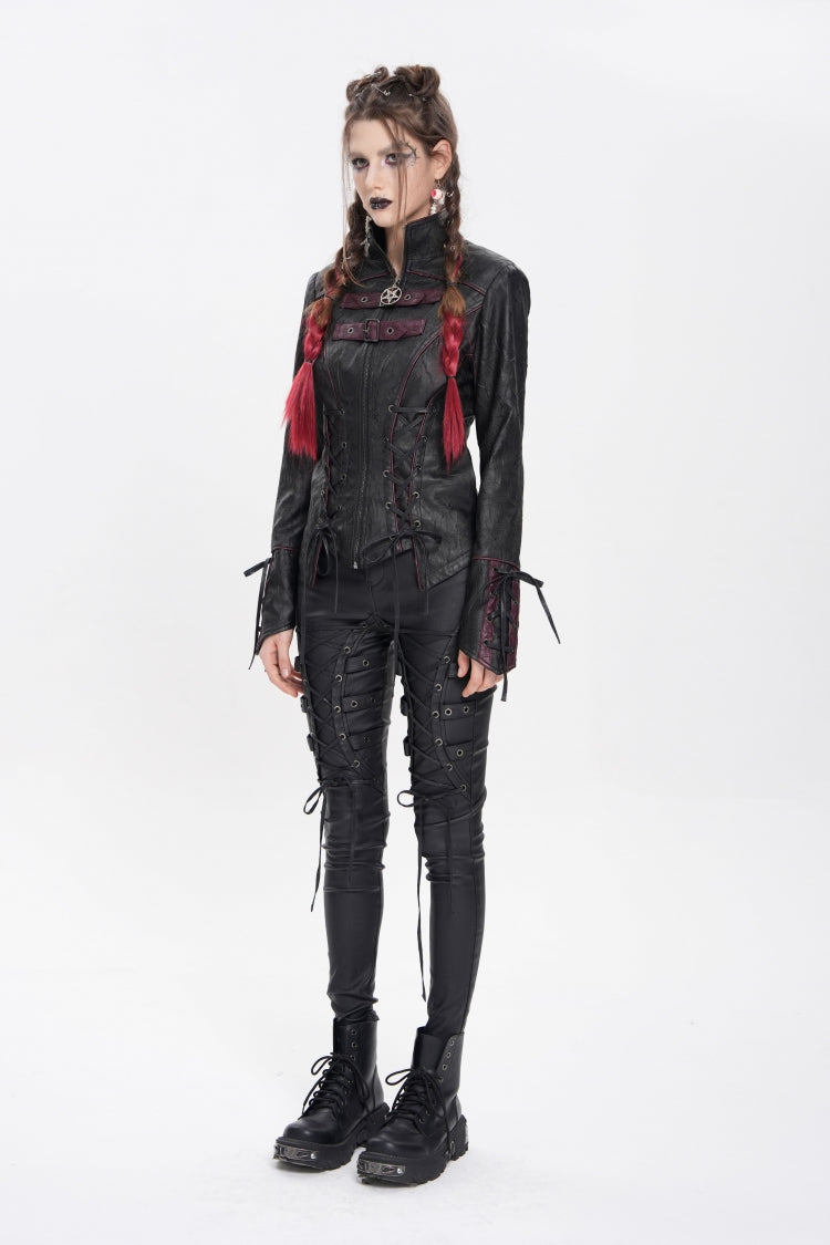 Black Pentacle Lace-Up Buckle Women's Punk Jacket - Product - 5