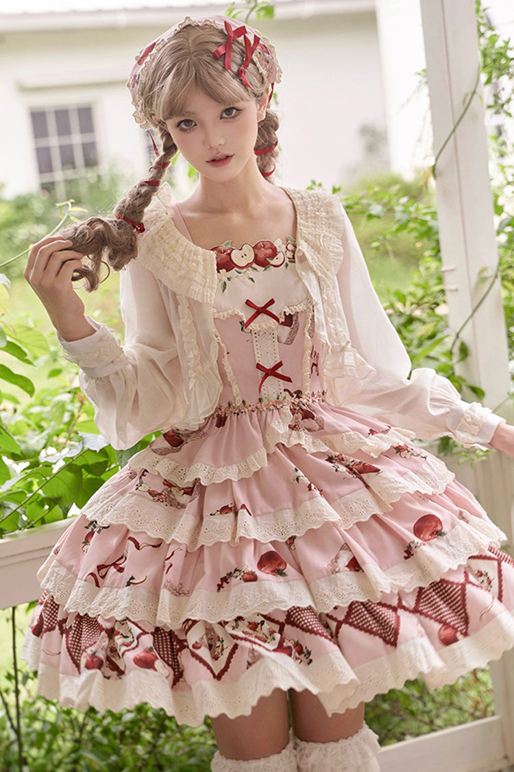 Pink Triple-Layered [Apple Orchard] Print Ruffle Embroidery Sweet Lolita Short Skirt - Pink - 1