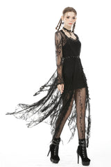 Black Long Trumpet Sleeves Sheer Floral Lace Women's Gothic Maxi Cloak with Belts - Product - 2