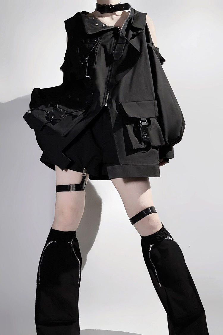 Black Techwear Long Sleeves Hooded Zippered Ouji Gothic Cool Lolita Set - Product - 4