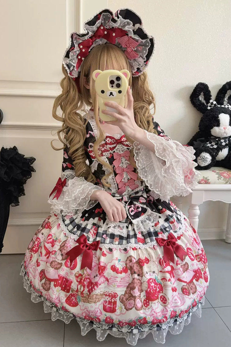 Black/Red [Sweet Berry Bunny Bear] Half Sleeves Printed Bow Lace Lace-Up Sweet Lolita OP Dress - Product - 3