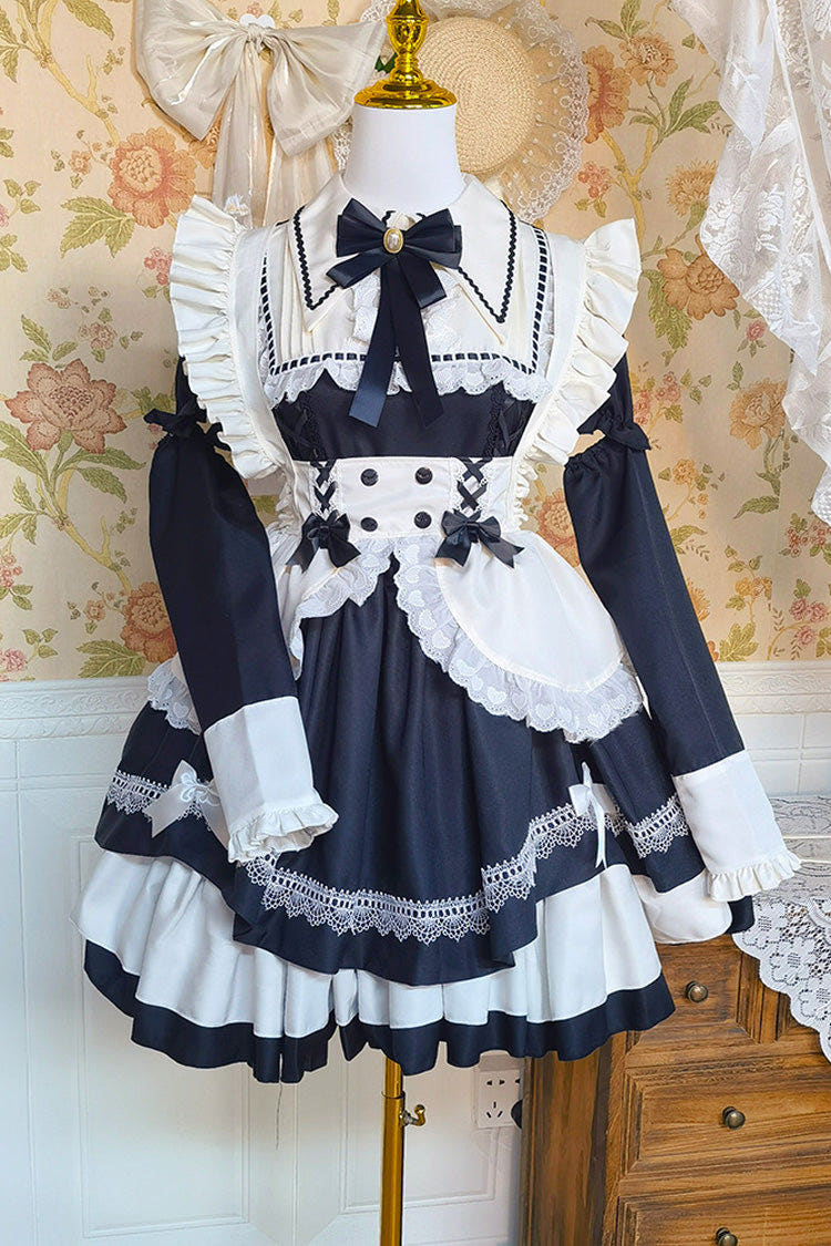 ブラック／ホワイト 半袖 三層 フリル リボン レース スウィート 大きいサイズ Maid ロリータワンピース セット