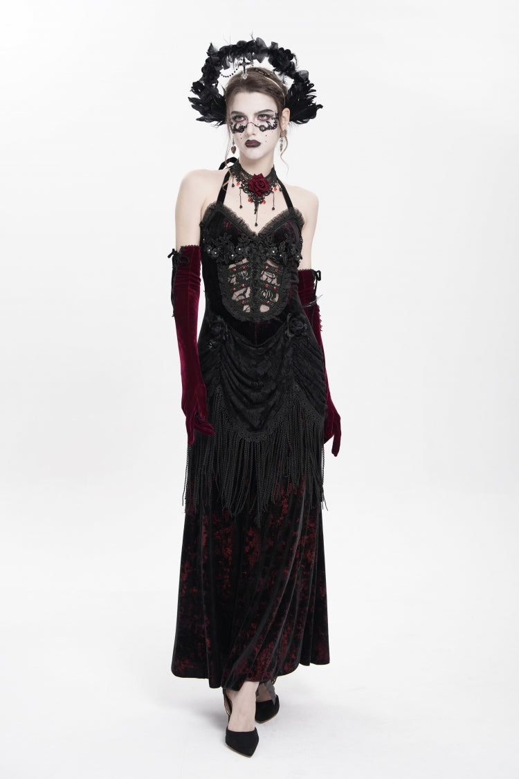 Red Sleeveless Hollow Floral Embroidery Lace-Up Pleated Women's Gothic Maxi Dress - Product - 5