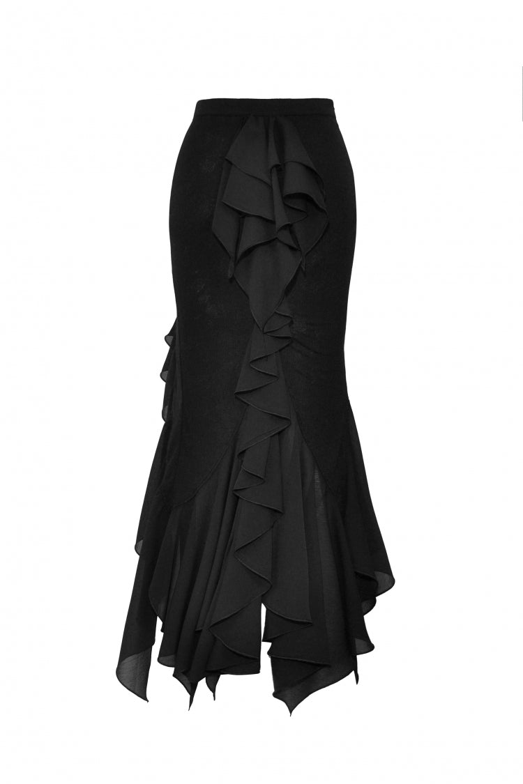 Black Women's Gothic Side Slit Ruffled Slim Fit Fishtail Skirt - Product - 14
