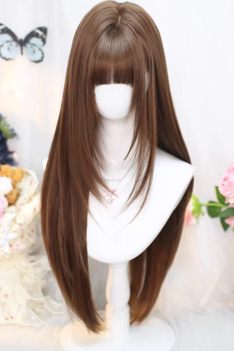 Warm Caramel Brown Wispy Air Bangs Straight Sweet Japanese Style Lolita Wig - Product - 2