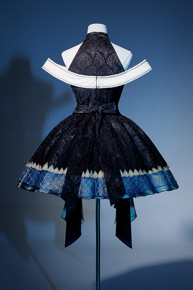 Black/Blue [Universe] Off Shoulder Halterneck Sleeveless Print Embroidery Cardigan Gothic Princess Lolita Dress - Product - 11