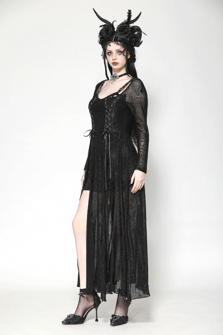 Black Long Sleeves Lace-Up Spiderweb Women's Gothic Elegant Witch Long Dress - Product - 2