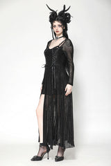 Black Long Sleeves Lace-Up Spiderweb Women's Gothic Elegant Witch Long Dress - Product - 2