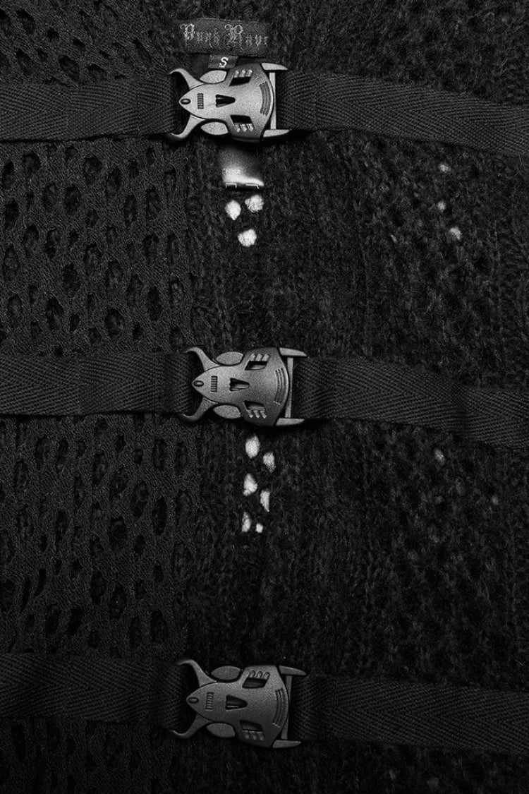 Black Irregular Hem Webbing Buckle Mens Gothic Vest - Product - 6