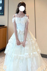 Apricot [Moonlight Poems] Triple-Layered Jacquard Ruffle Bowknot Lace Sweet Elegant Princess Lolita Jsk Dress - Product - 3