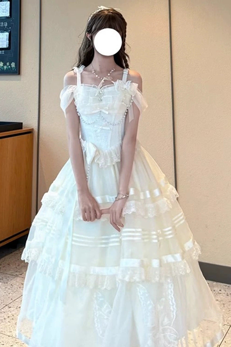 Apricot [Moonlight Poems] Triple-Layered Jacquard Ruffle Bowknot Lace Sweet Elegant Princess Lolita Jsk Dress - Product - 3