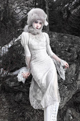 Silver [The Call of the Snow Country] V Collar Long Sleeves High Waisted Ruffle Lace Gothic Lolita Fishtail Dress - Product - 12