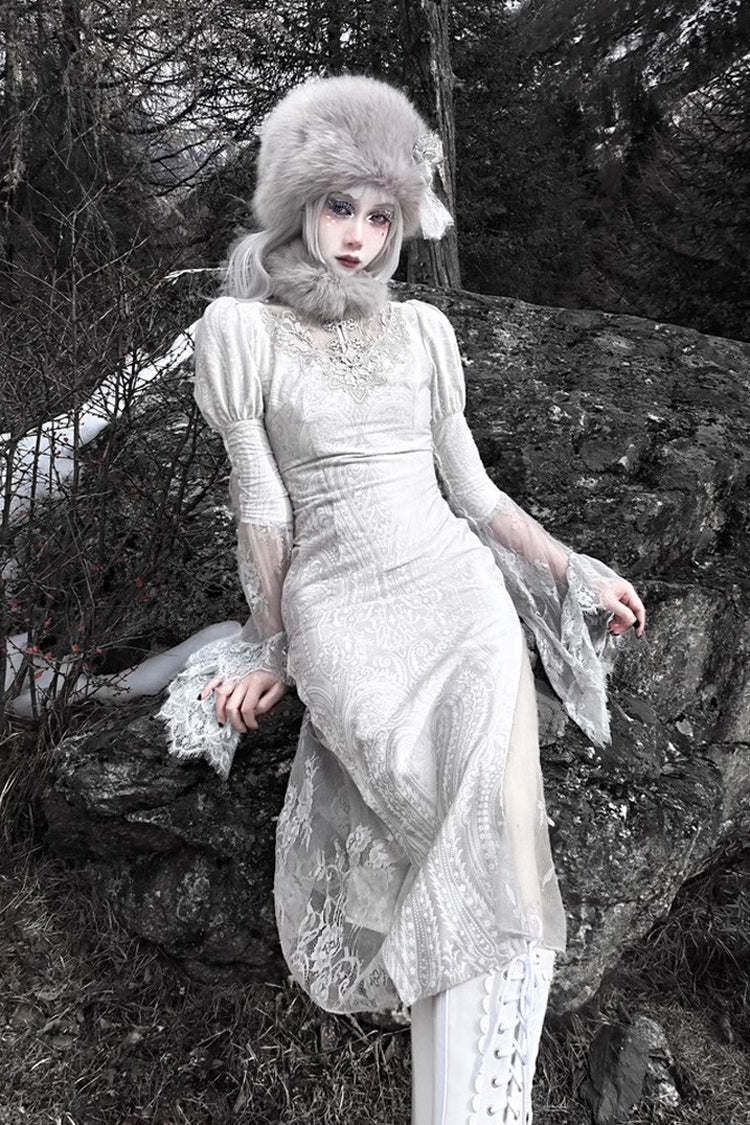 Silver [The Call of the Snow Country] V Collar Long Sleeves High Waisted Ruffle Lace Gothic Lolita Fishtail Dress - Product - 12