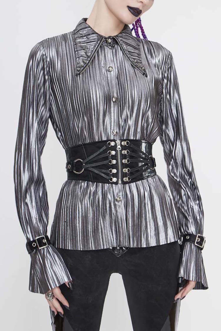 Silver Metal Buckles CuffPleated Pointed Collar Leather Loops Punk Shirt - Silver - 1