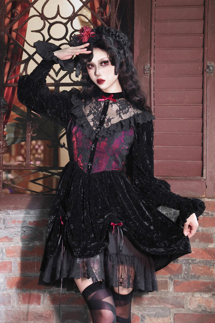 Black/Red [Rose Cemetery] Long Puff Sleeves Hollow Lace Gothic Lolita Dress - Product - 4