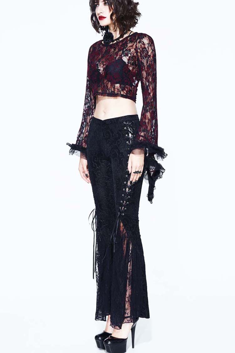 Black Palace Pattern Lace-Up Velveteen Lace Flared Women's Gothic Pants - Product - 3