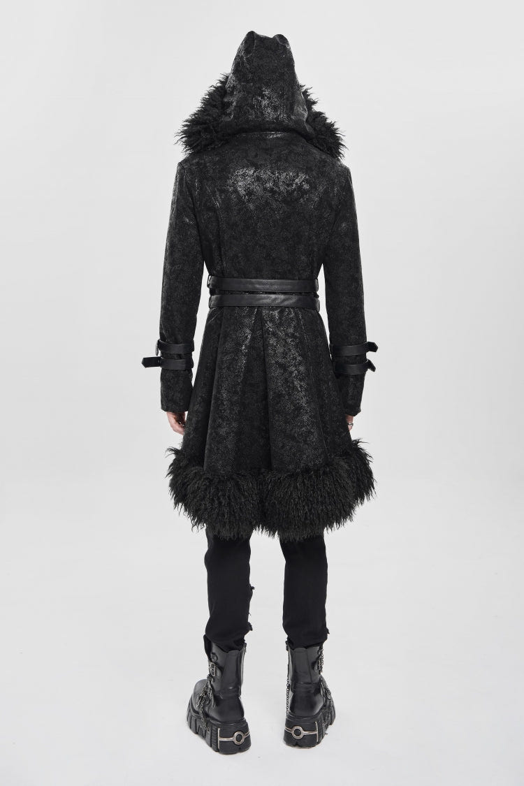 Black Stand Collar Long Sleeves Lace-Up Slim  Zippered Men's Punk Coat with Detachable Belt - Product - 8