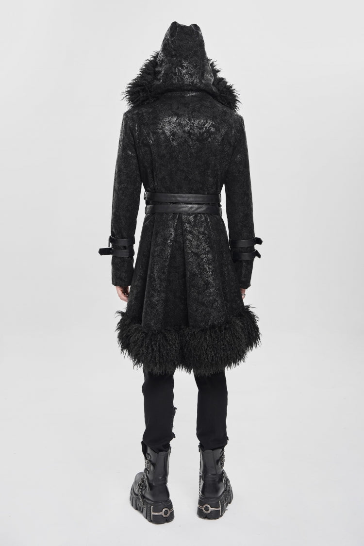 Black Stand Collar Long Sleeves Lace-Up Slim  Zippered Men's Punk Coat with Detachable Belt - Product - 8