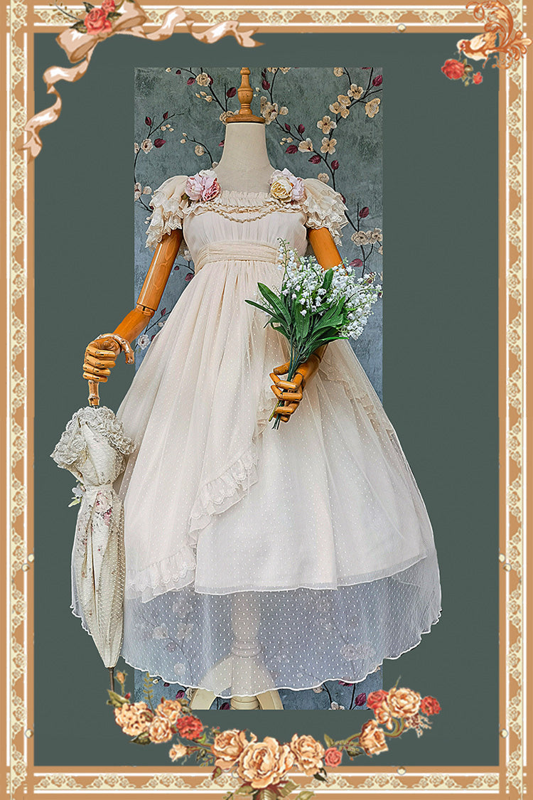Apricot [Moon goddess *Mediana*] Polka Dot Print Ruffle Bowknot Asymmetric Sweet Elegant Lolita Dress - Product - 9