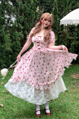 Pink Square Collar Short Sleeves High Waisted Rose Printed Ruffled Sweet Plus Size Lolita Dress - Product - 7