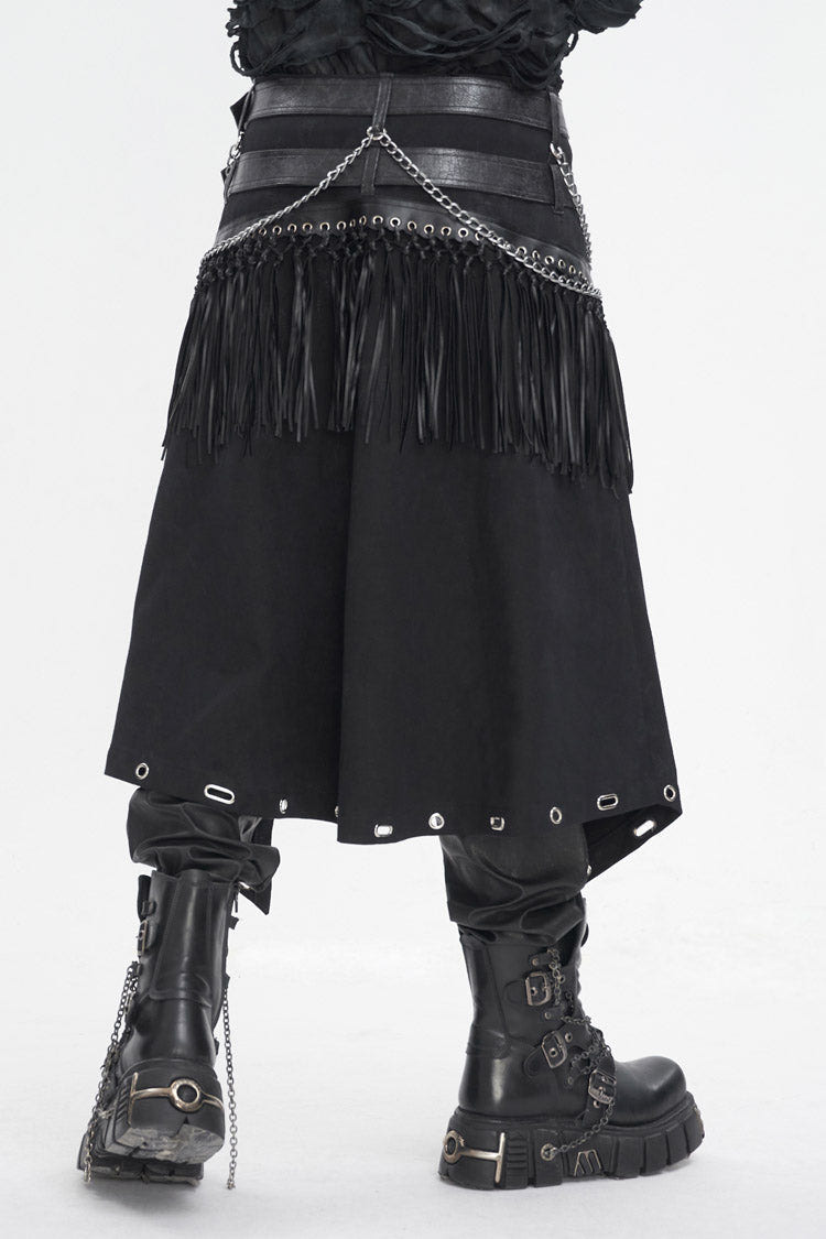 Black Irregular Double Belt Tassels Men's Gothic Skirt - Product - 4