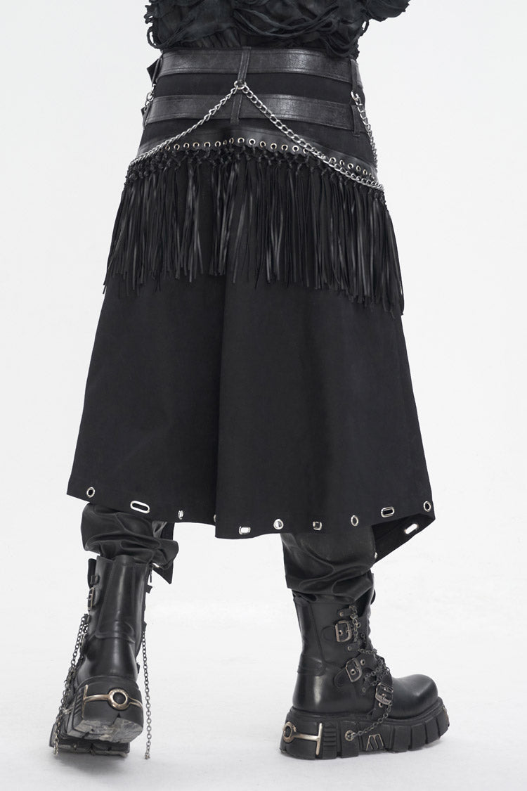 Black Irregular Double Belt Tassels Men's Gothic Skirt - Product - 4