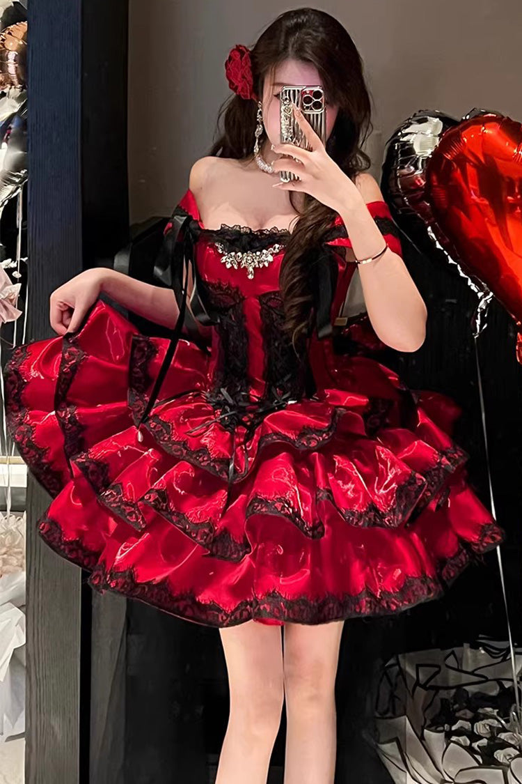 Red [Love Poems of the Heart] Sleeveless Triple-Layered Ruffled Lace Lace-Up Sweet Lolita Jsk Dress - Product - 14