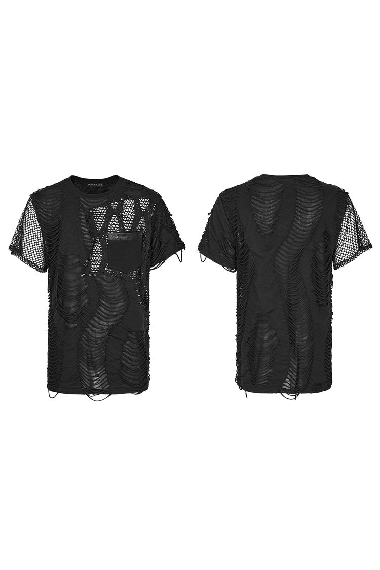 Black Short Sleeves Stitching Mesh Ripped Men's Punk T-Shirt - Product - 5