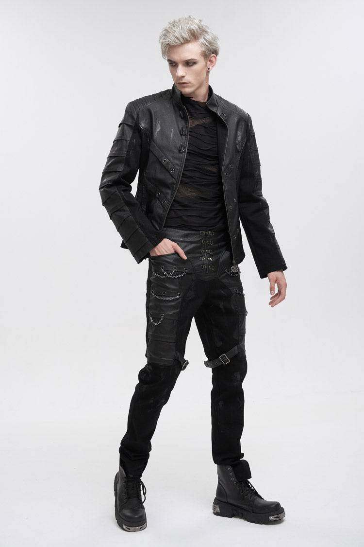 Black Stand Collar Stretch Faux Leather Twill Woven Men's Punk Jacket - Product - 3
