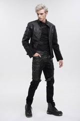 Black Stand Collar Stretch Faux Leather Twill Woven Men's Punk Jacket - Product - 3