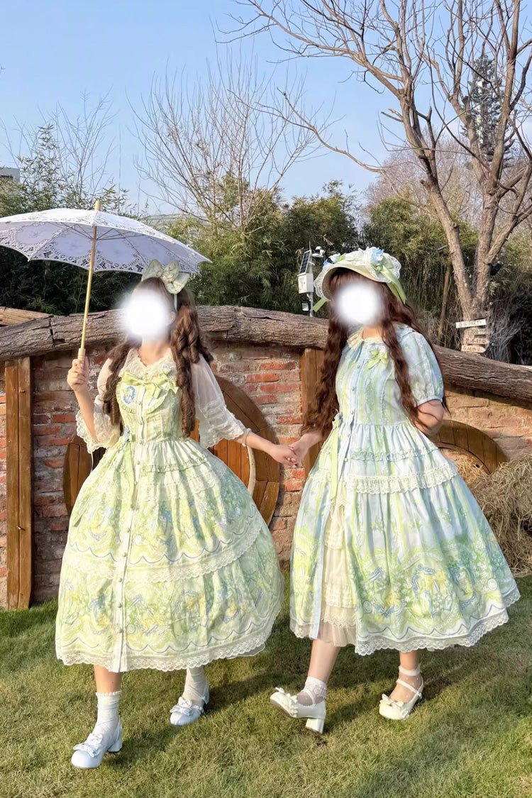 Ivory/Green [Lily of the Valley Perfume] Pearl Candy Tea Doll Collar Sleeveless Printed Lace Plus Size Sweet Lolita Jsk Dress - Product - 11