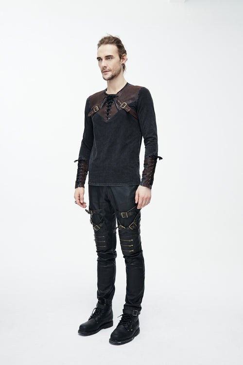 Brown Long Sleeves Designer Mens Punk T-Shirt - Product - 3