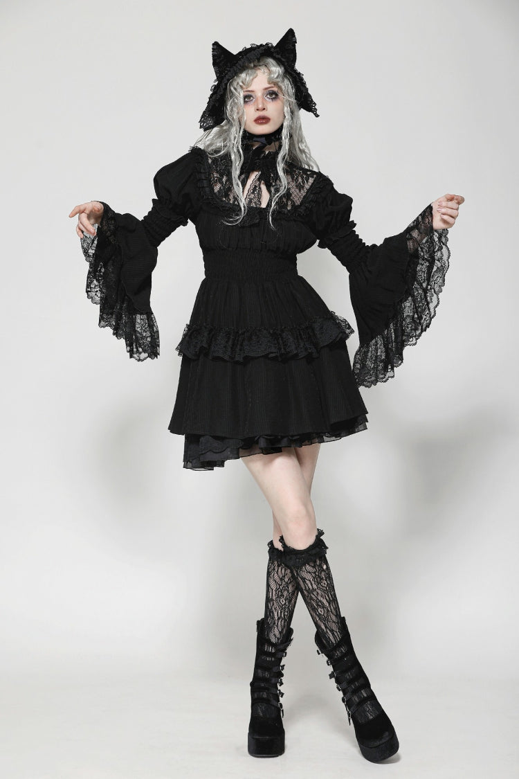 Black Lace Ruffled Stand Collar Long Puff Sleeves Cut-Out Women's Gothic Grad Dress - Product - 7