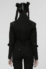 Black Denim Slant Pocket Washed Distressed Stretch Women's Punk Jacket - Product - 3