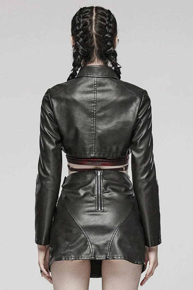 Black Faux Leather Long Sleeves Hollow Stitching Womens Steampunk Short Coat - Product - 3