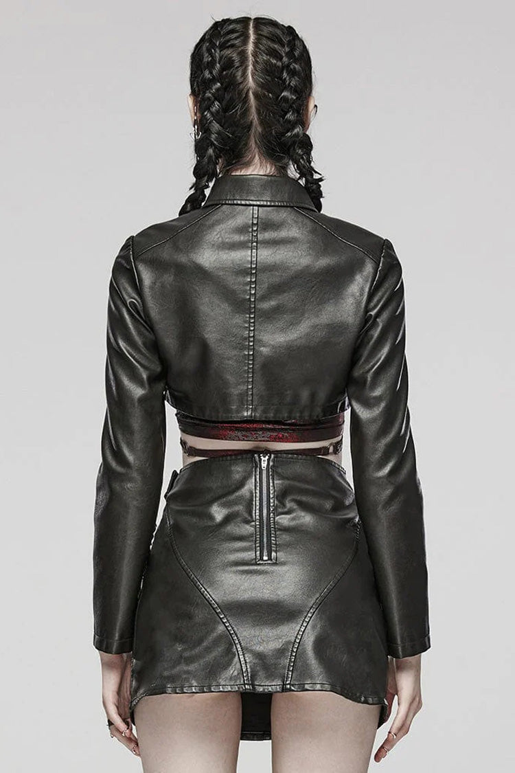 Black Faux Leather Long Sleeves Hollow Stitching Womens Steampunk Short Coat - Product - 3