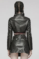 Black Faux Leather Long Sleeves Hollow Stitching Womens Steampunk Short Coat - Product - 3