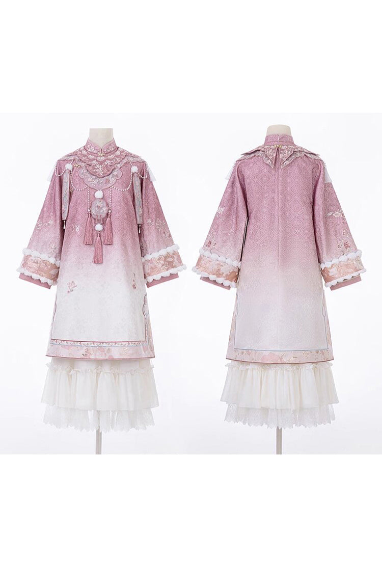 Pink Round Collar High Waisted Embroidery Women's Elegant Hanfu Dress Full Set - Product - 7